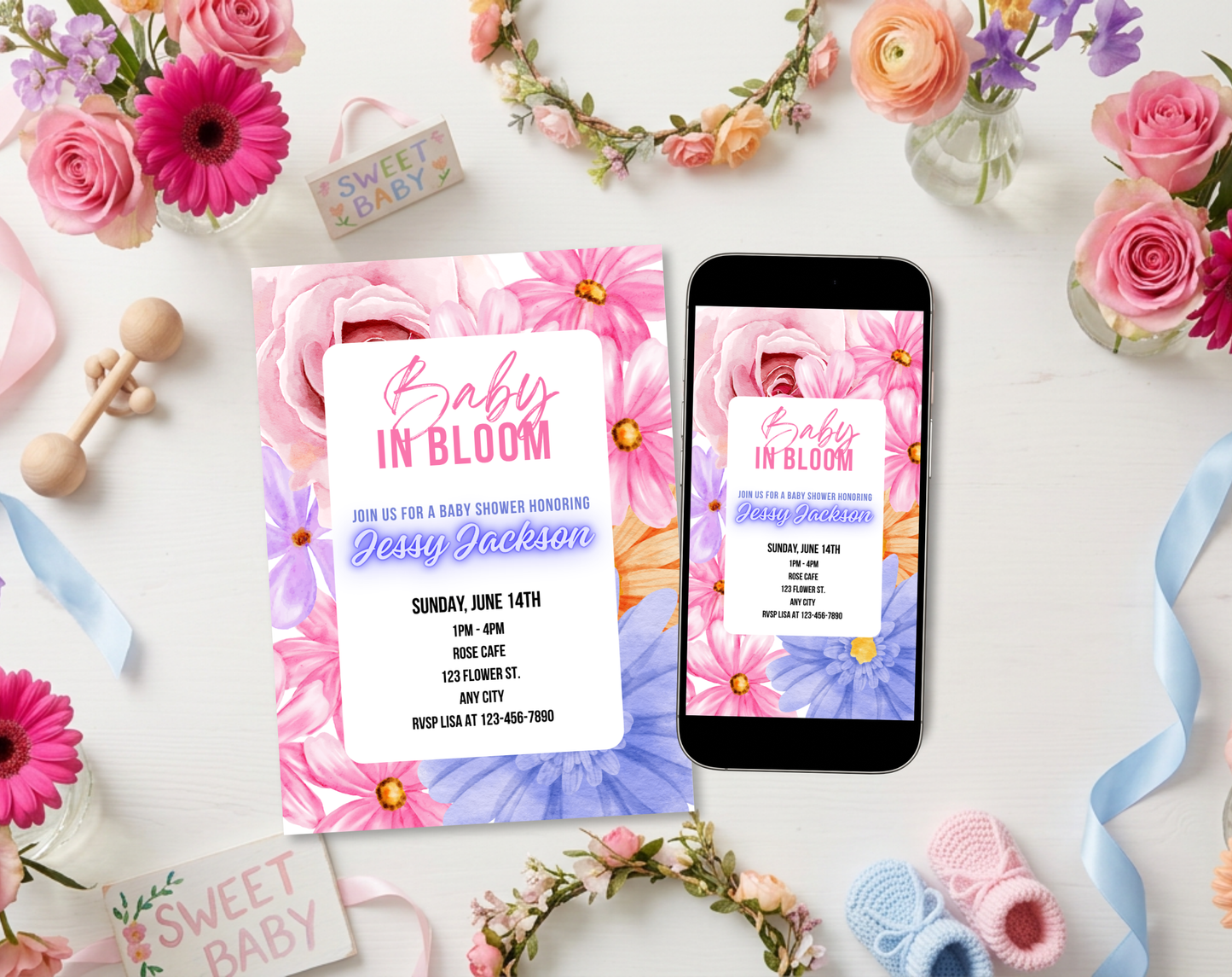 Vibrant Floral Baby Shower Invitation Template | Editable Canva Template | 5x7in & WhatsApp | Digital Download