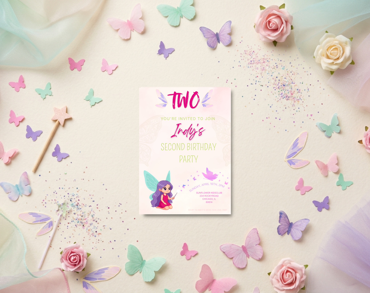 Fairy Second Birthday Invitation Template | Editable Canva Template | 5x7in & WhatsApp | Digital Download