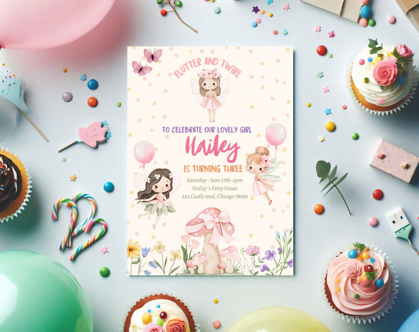 Fairy Garden Third Birthday Invitation Template Cream | Editable Canva Template | 5x7in & WhatsApp | Digital Download