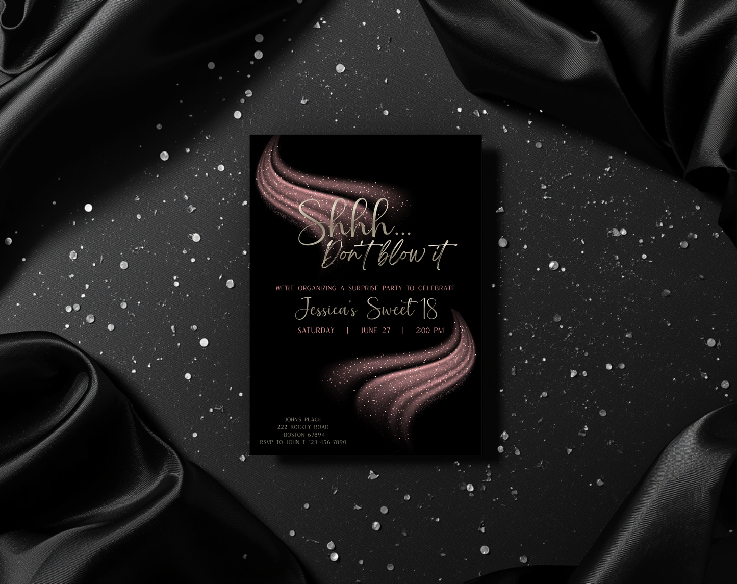 Surprise Sweet 18 Birthday Invitation Template Black Pink | Editable Canva Template | 5x7in & WhatsApp | Digital Download