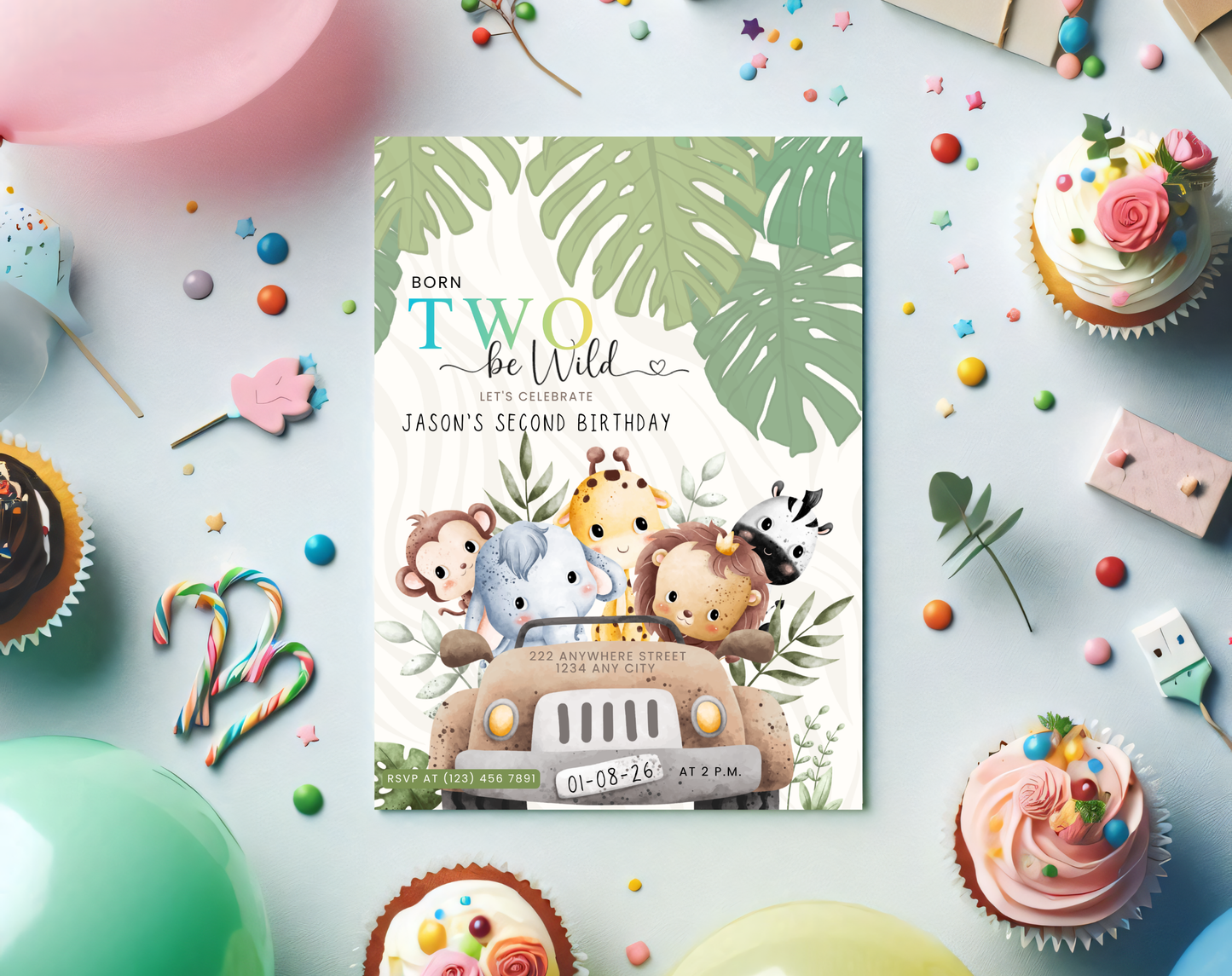 Safari Second Birthday Invitation Template Gradient | Editable Canva Template | 5x7in & WhatsApp | Digital Download