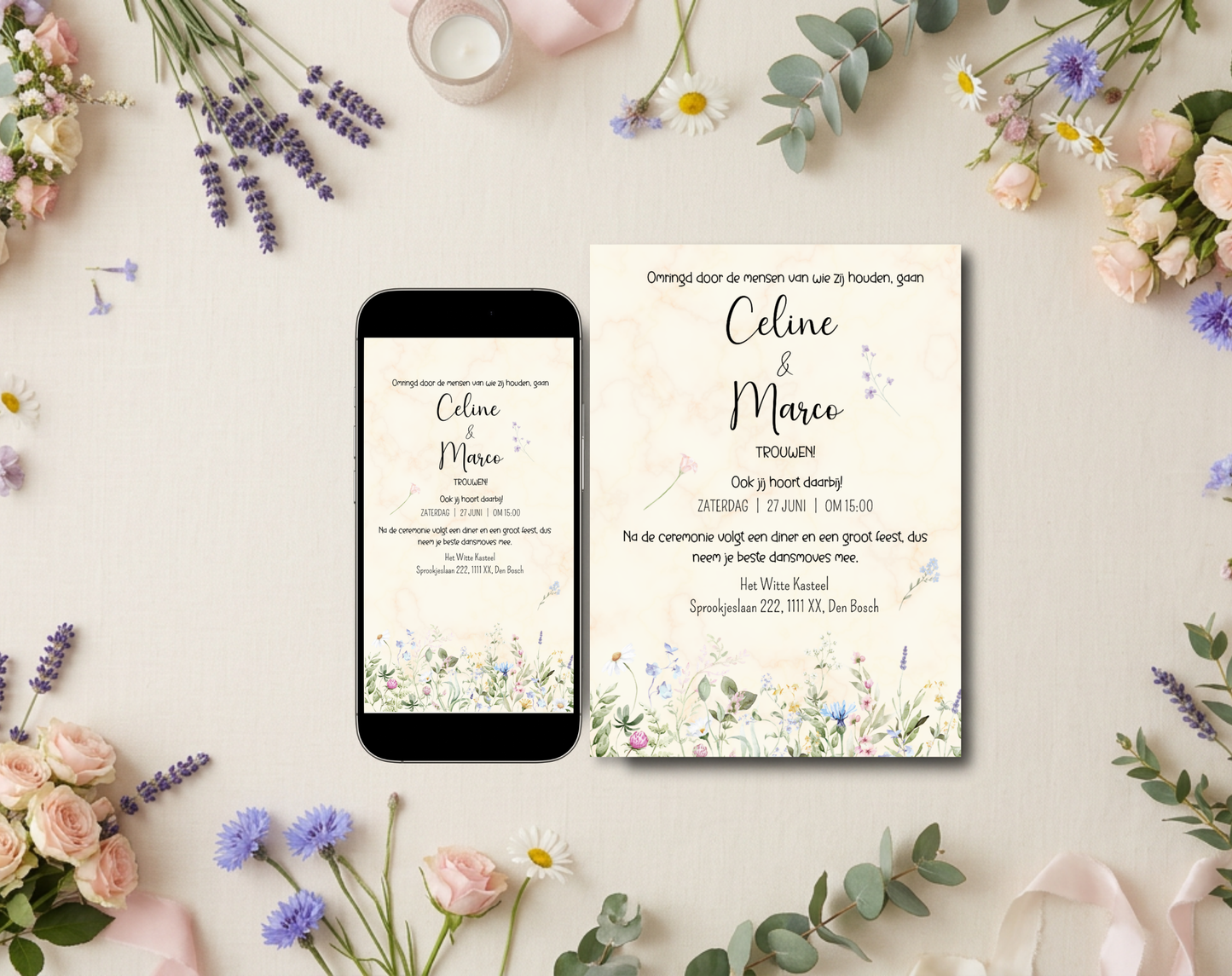 Wilde Bloemen Bruiloft Uitnodigingstemplate Beige | Bewerkbare Canva Template | A5, A6 & WhatsApp | Digitale Download
