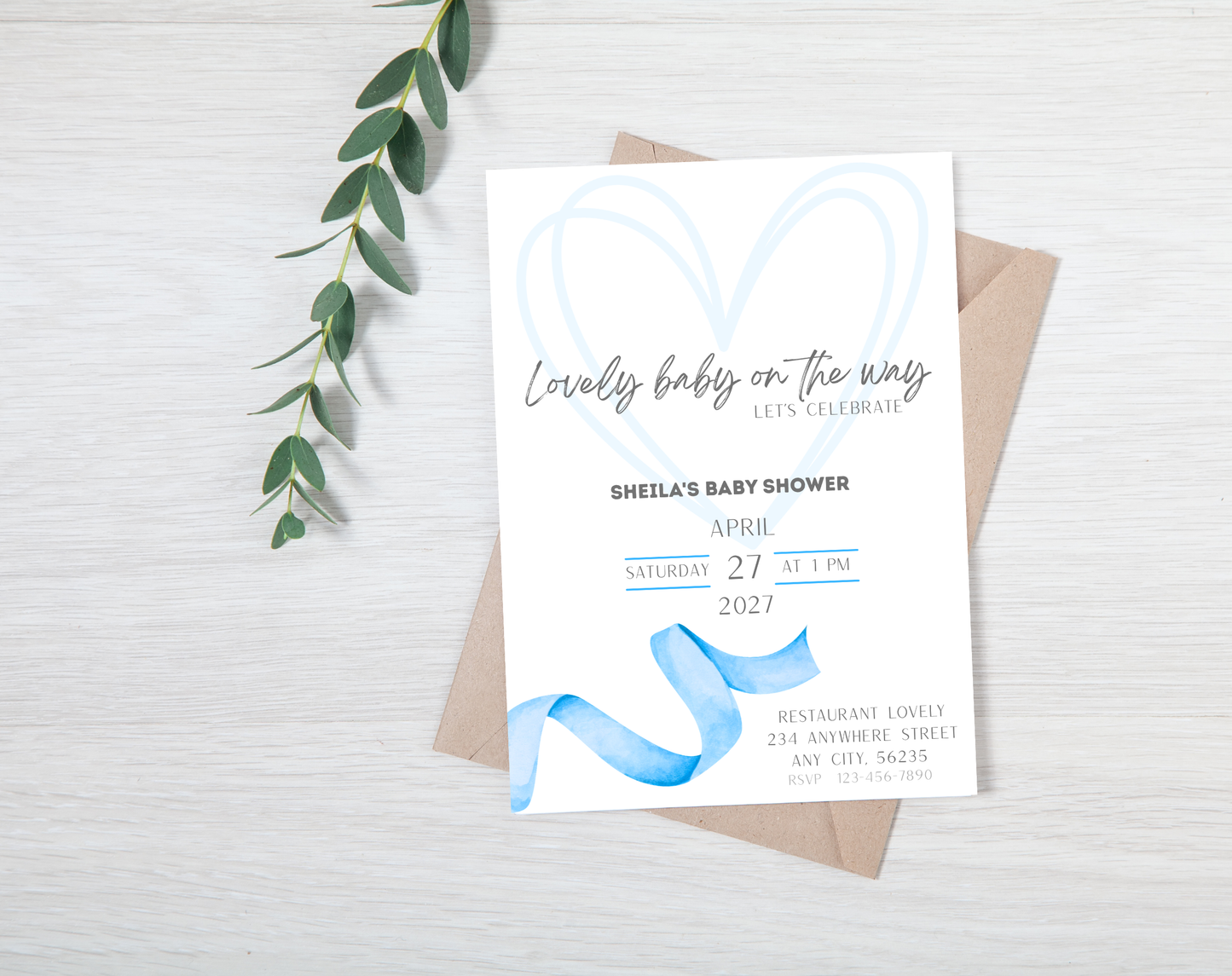 Blue Ribbon Baby Shower Invitation Template | Editable Canva Template | 5x7in & WhatsApp | Digital Download