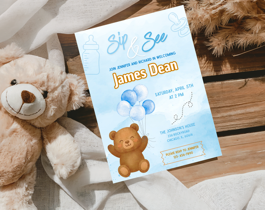 Blue Bear Sip & See Invitation Template | Editable Canva Template | 5x7in & WhatsApp | Digital Download