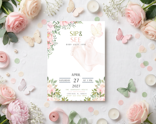 Floral Sip & See Baby Girl Invitation Template | Editable Canva Template | 5x7in & WhatsApp | Digital Download