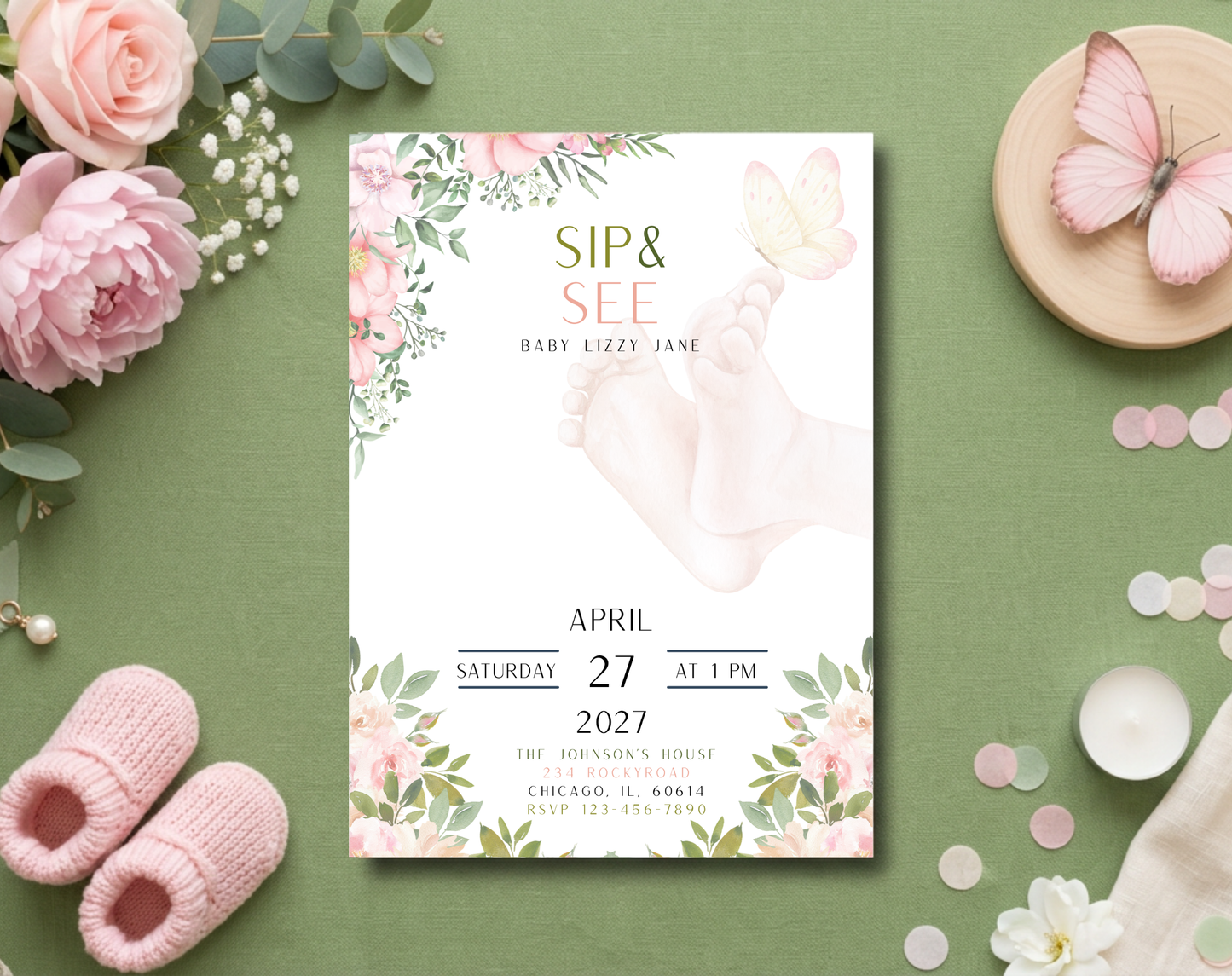 Floral Sip & See Baby Girl Invitation Template | Editable Canva Template | 5x7in & WhatsApp | Digital Download