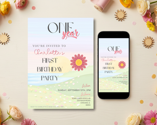Watercolour Sunset First Birthday Invitation Template | Editable Canva Template | 5x7in & WhatsApp | Digital Download