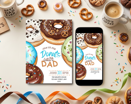 Donuts with Dad Father's Day Invitation Template | Editable Canva Template | 5x7in & WhatsApp | Digital Download