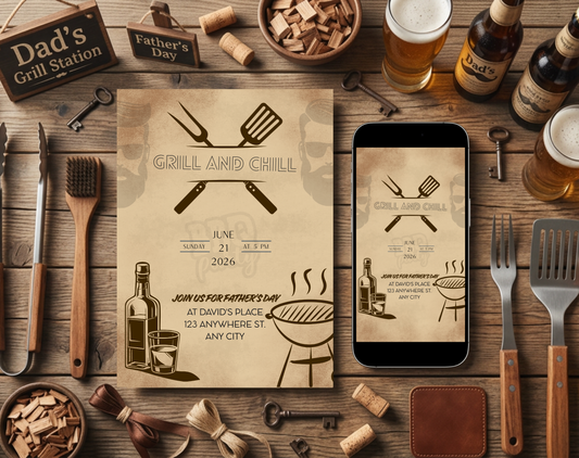 Father's Day Grill and Chill Invitation Template Vintage | Editable Canva Template | 5x7in & WhatsApp | Digital Download