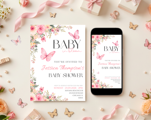 Pink Floral Baby Shower Invitation Template Girl | Editable Canva Template | 5x7in & WhatsApp | Digital Download