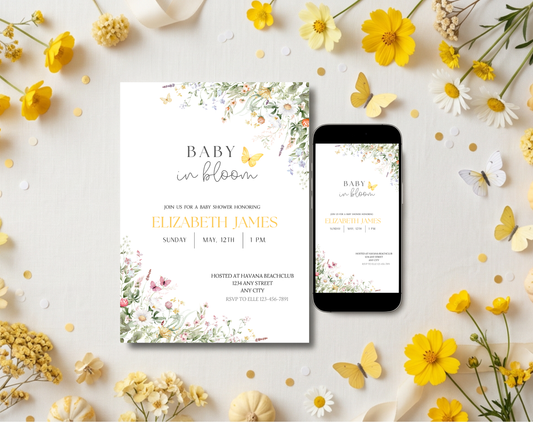 Wildflower Gender Neutral Baby Shower Invitation Template | Editable Canva Template | 5x7in & WhatsApp | Digital Download