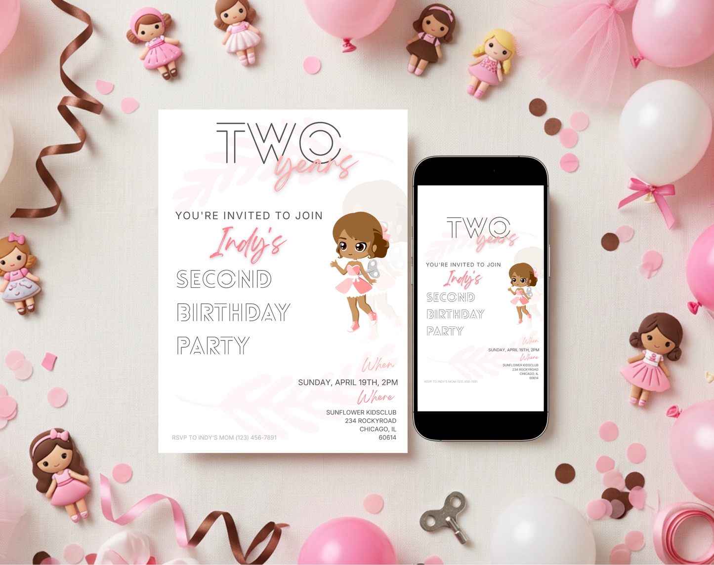 Doll Second Birthday Invitation Template | Editable Canva Template | 5x7in & WhatsApp | Digital Download