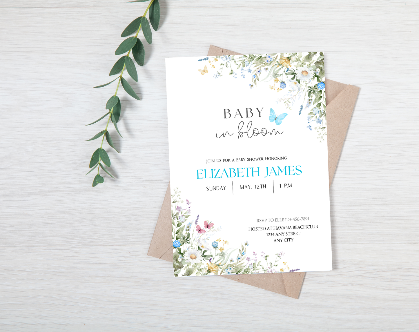 Wildflower Baby Shower Invitation Template Boy | Editable Canva Template | 5x7in & WhatsApp | Digital Download