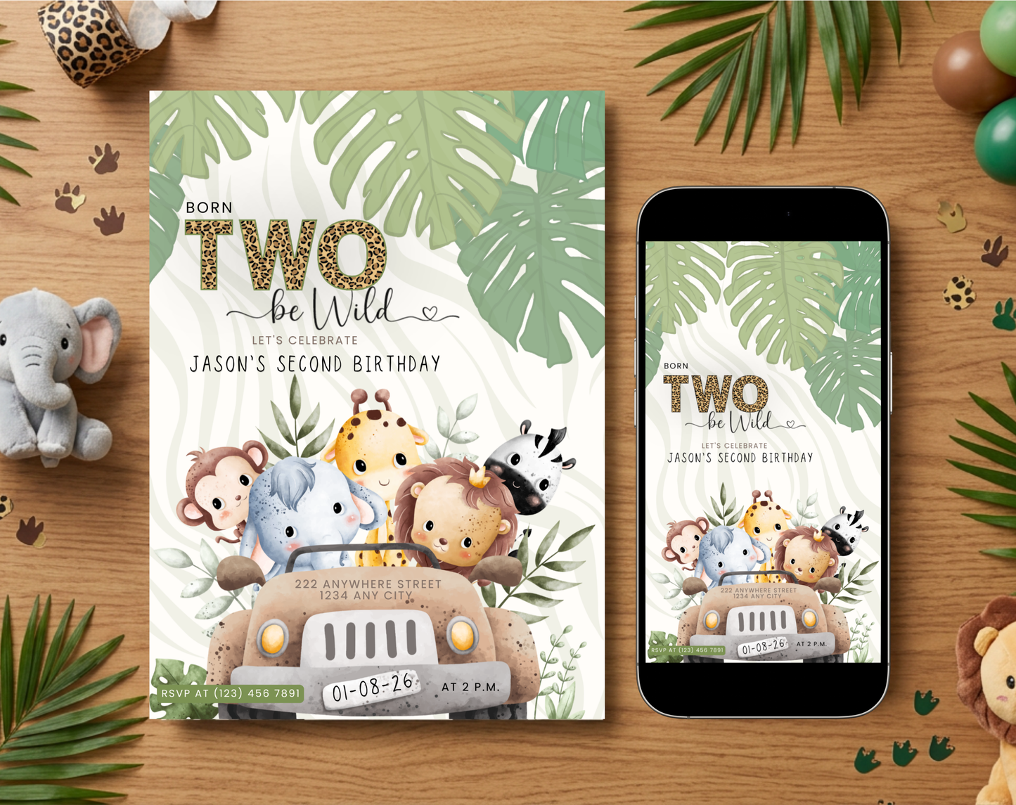 Safari Second Birthday Invitation Template | Editable Canva Template | 5x7in & WhatsApp | Digital Download