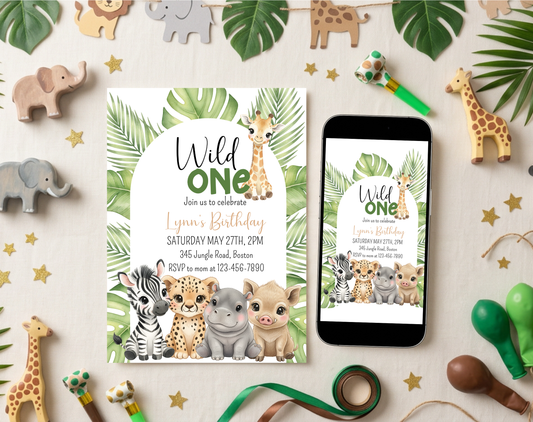 Wild One Safari First Birthday Invitation Template | Editable Canva Template | 5x7in & WhatsApp | Digital Download