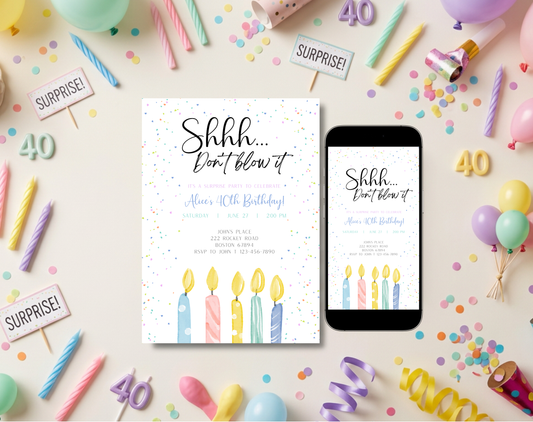 Surprise 40th Birthday Invitation Template Candles | Editable Canva Template | 5x7in & WhatsApp | Digital Download