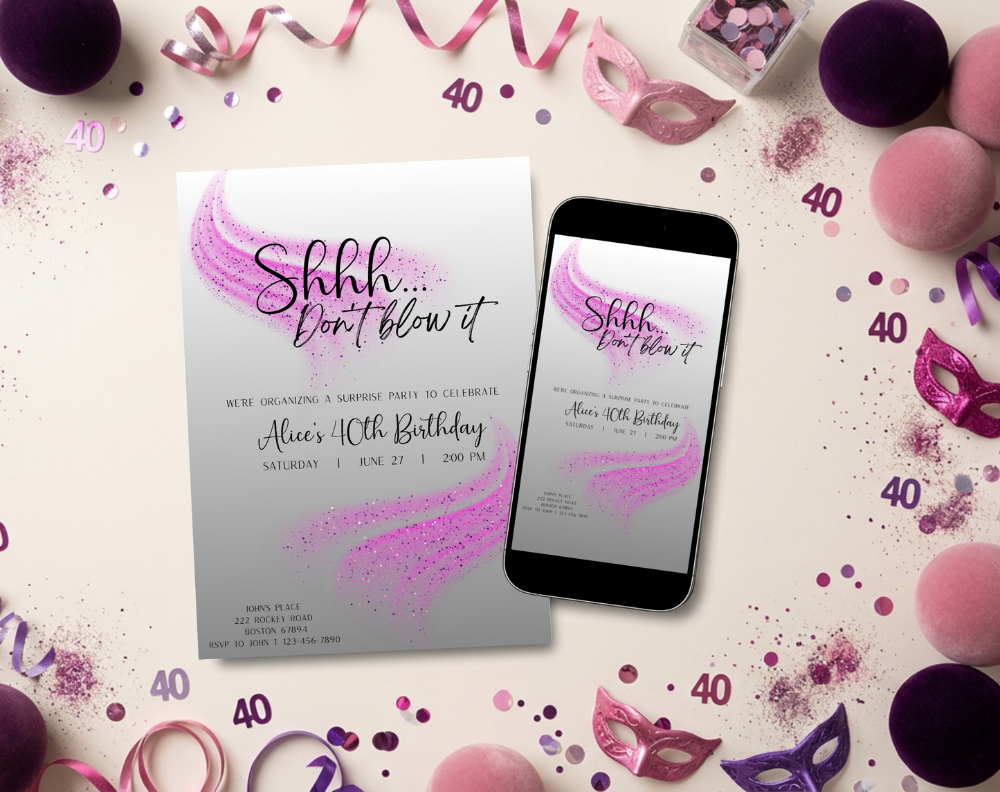 Surprise 40th Birthday Invitation Template Purple Glitter | Editable Canva Template | 5x7in & WhatsApp | Digital Download