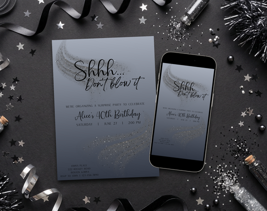 Surprise 40th Birthday Invitation Template Silver Black | Editable Canva Template | 5x7in & WhatsApp | Digital Download