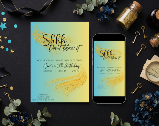 Surprise 40th Birthday Invitation Template Aqua Yellow | Editable Canva Template | 5x7in & WhatsApp | Digital Download