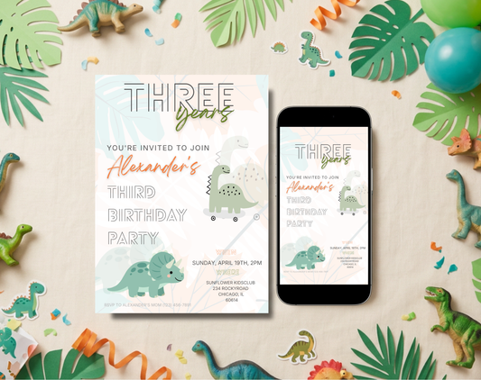 Dinosaur Third Birthday Invitation Template | Editable Canva Template | 5x7in & WhatsApp | Digital Download