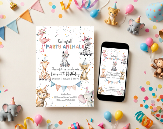 Party Animals Fourth Birthday Invitation Template | Editable Canva Template | 5x7in & WhatsApp | Digital Download
