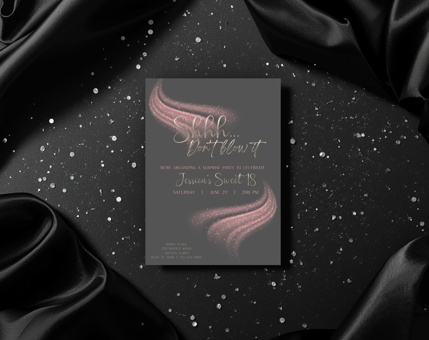 Surprise Sweet 18 Birthday Invitation Template Grey Pink | Editable Canva Template | 5x7in & WhatsApp | Digital Download