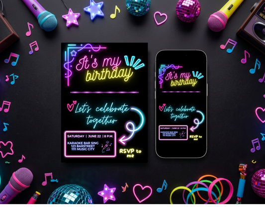 Karaoke Birthday Party Invitation Template | Editable Canva Template | 5x7in & WhatsApp | Digital Download