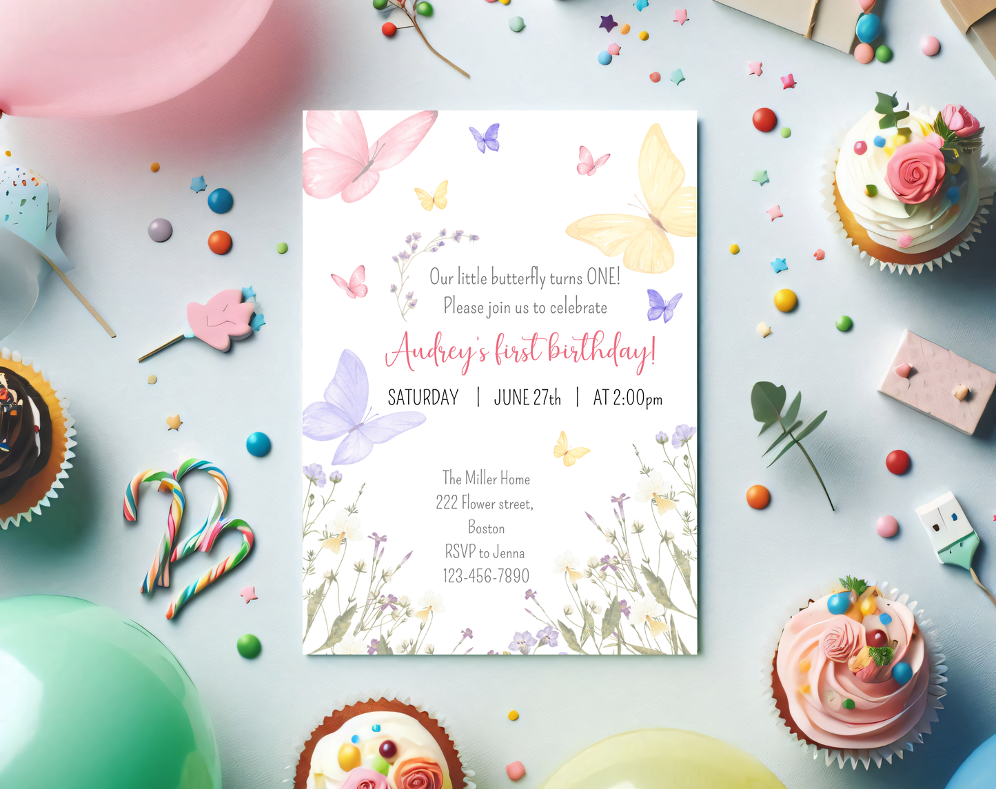 Butterfly First Birthday Invitation Template | Editable Canva Template | 5x7in & WhatsApp | Digital Download