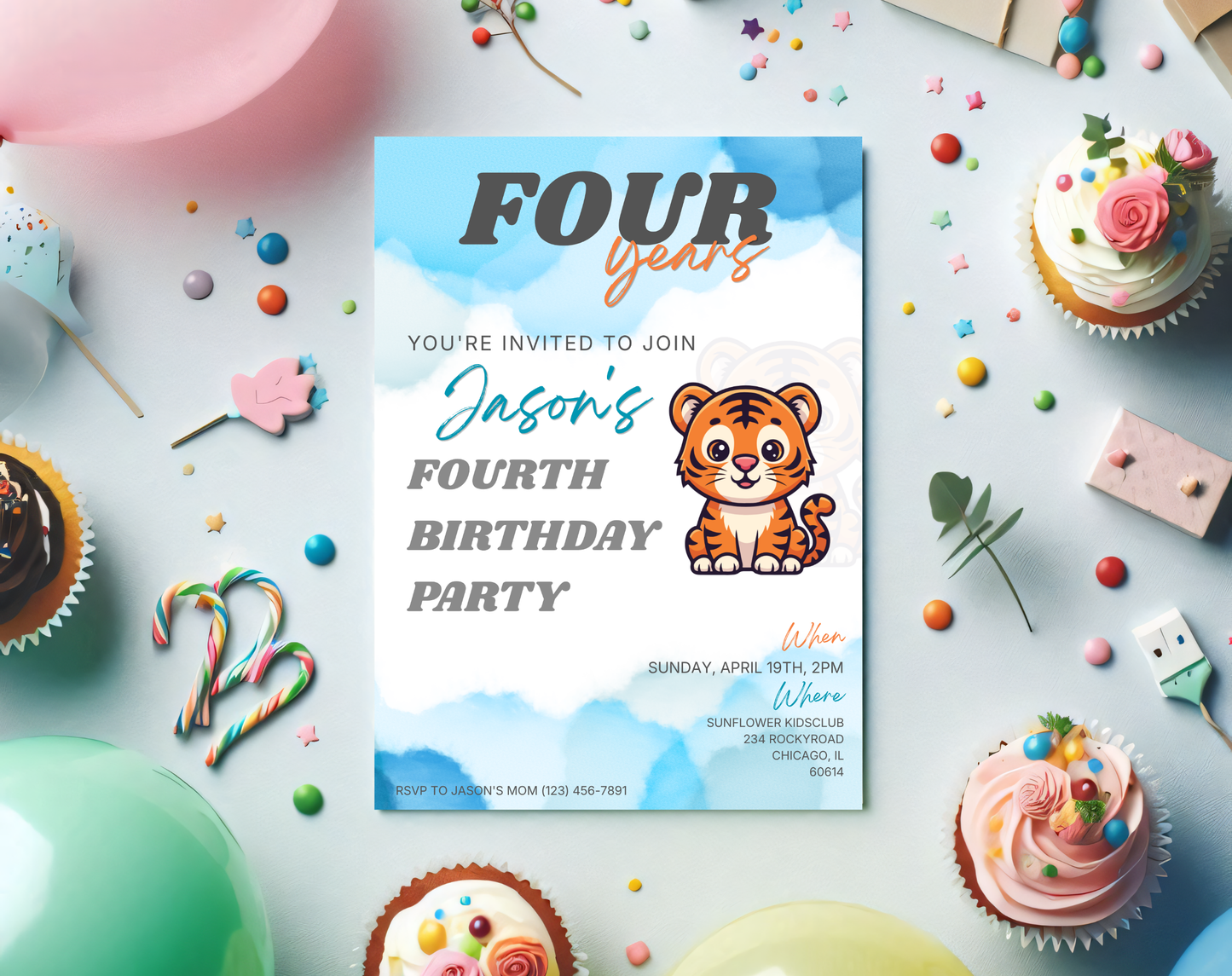 Tiger Fourth Birthday Invitation Template | Editable Canva Template | 5x7in & WhatsApp | Digital Download
