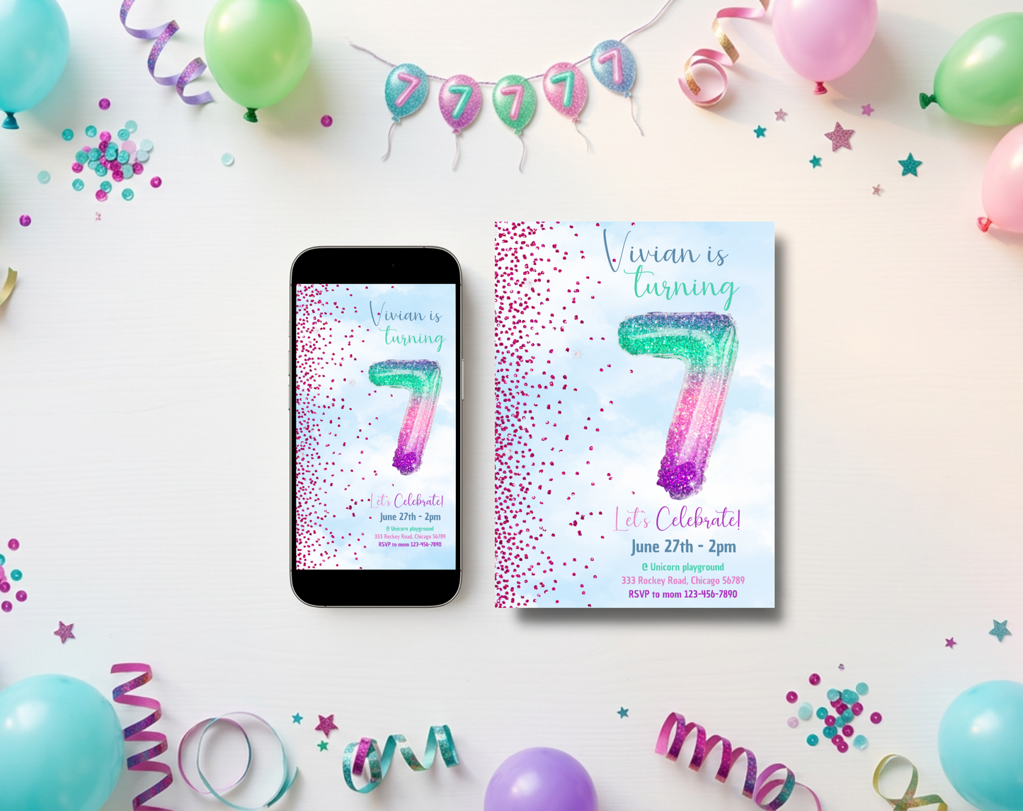 Glitter Balloon Seventh Birthday Invitation Template | Editable Canva Template | 5x7in & WhatsApp | Digital Download