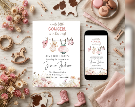 Little Cowgirl Baby Shower Invitation Template | Editable Canva Template | 5x7in & WhatsApp | Digital Download