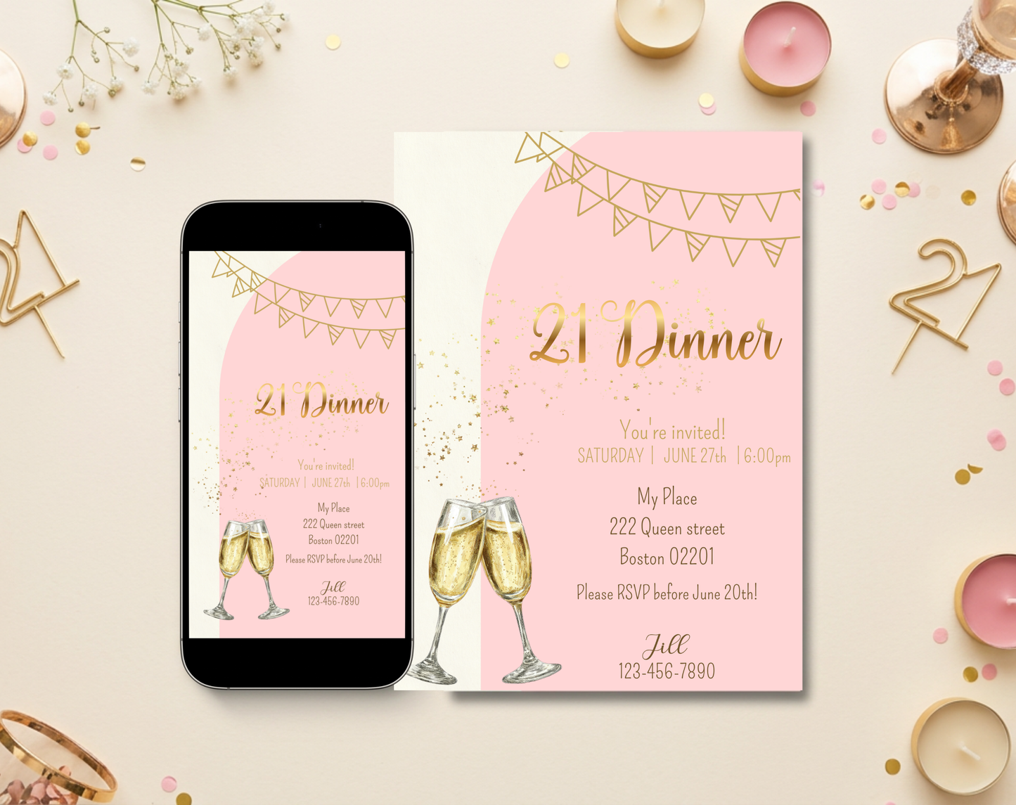 21st Birthday Dinner Invitation Template Gold Pink | Editable Canva Template | 5x7in & WhatsApp | Digital Download