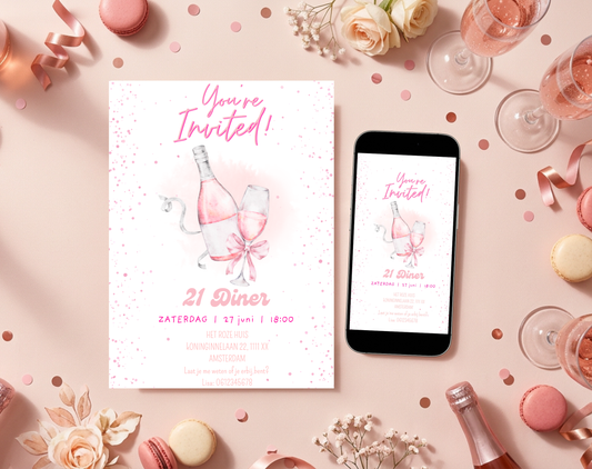 Roze Bubbels 21 Diner Uitnodiging | Bewerkbare Canva Template | A5 A6 WhatsApp | Download