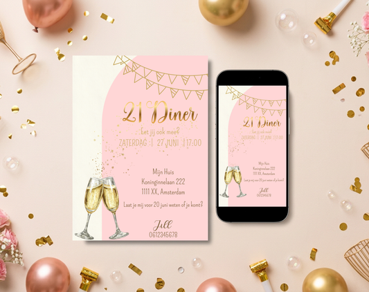 21 Diner Uitnodiging Goud Roze Champagne | Canva Template | A5 A6 WhatsApp | Download