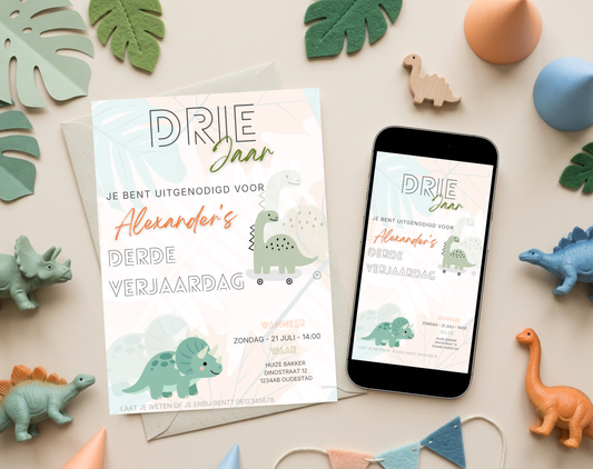 Dino Derde Verjaardag Uitnodigingstemplate | Bewerkbare Canva Template | A5, A6 & WhatsApp | Digitale Download