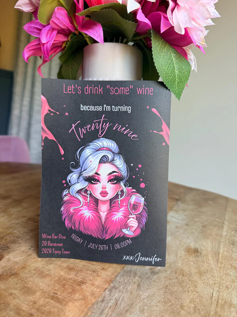 29th Birthday Wine Diva Invitation Template Black Edition | Editable Canva Template | 5x7in & WhatsApp | Digital Download