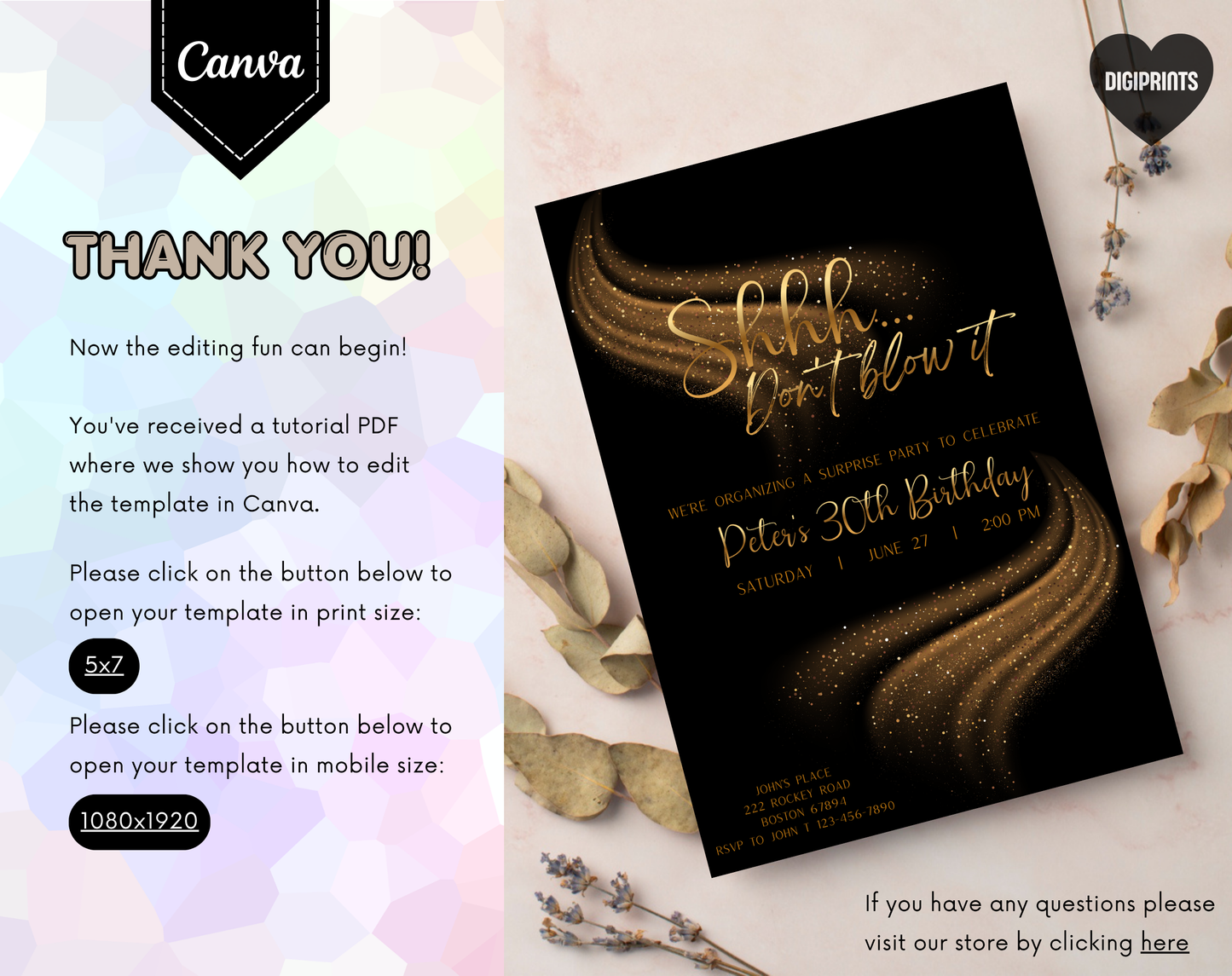 Surprise 30th Birthday Invitation Template | Editable Canva Template | 5x7in & WhatsApp | Digital Download
