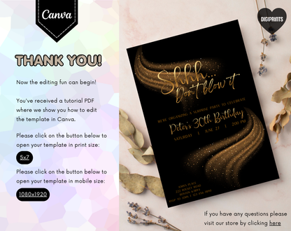 Surprise 30th Birthday Invitation Template | Editable Canva Template | 5x7in & WhatsApp | Digital Download