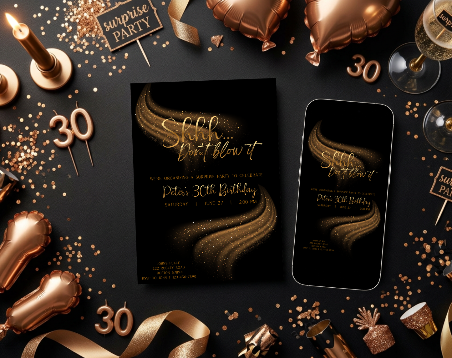 Surprise 30th Birthday Invitation Template | Editable Canva Template | 5x7in & WhatsApp | Digital Download