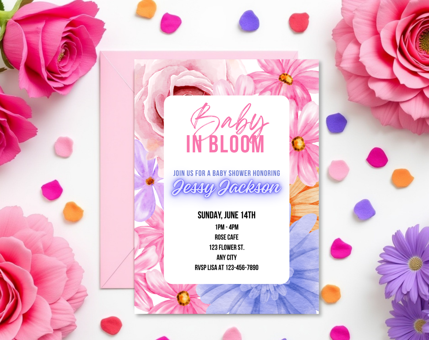 Vibrant Floral Baby Shower Invitation Template | Editable Canva Template | 5x7in & WhatsApp | Digital Download
