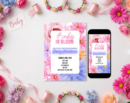Vibrant Floral Baby Shower Invitation Template | Editable Canva Template | 5x7in & WhatsApp | Digital Download