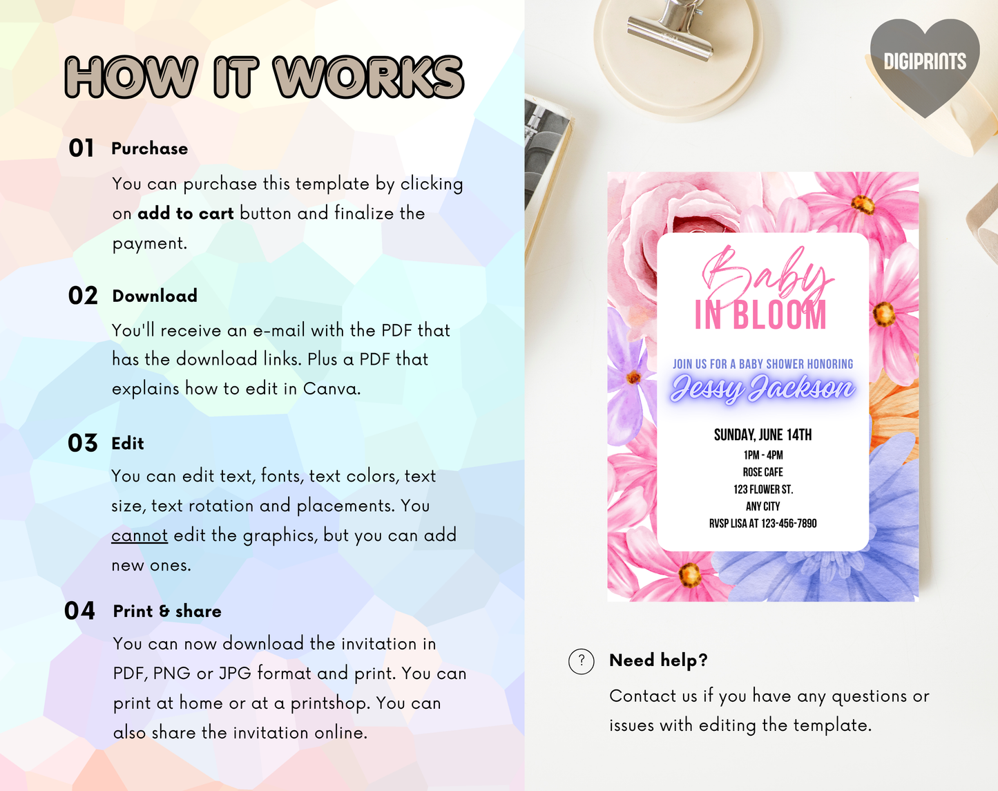 Vibrant Floral Baby Shower Invitation Template | Editable Canva Template | 5x7in & WhatsApp | Digital Download