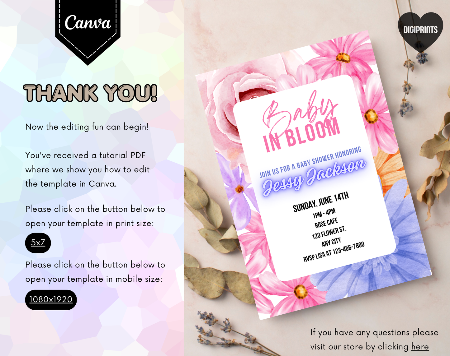 Vibrant Floral Baby Shower Invitation Template | Editable Canva Template | 5x7in & WhatsApp | Digital Download