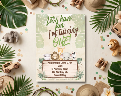 Jungle First Birthday Invitation Template | Editable Canva Template | 5x7in & WhatsApp | Digital Download