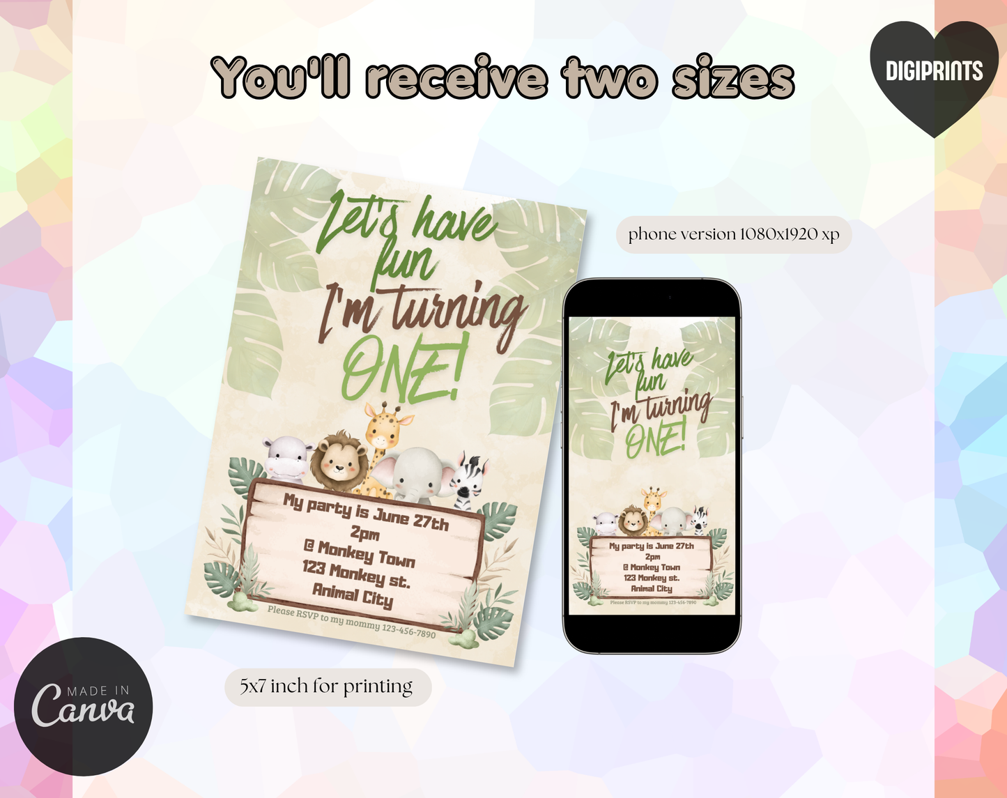 Jungle First Birthday Invitation Template | Editable Canva Template | 5x7in & WhatsApp | Digital Download