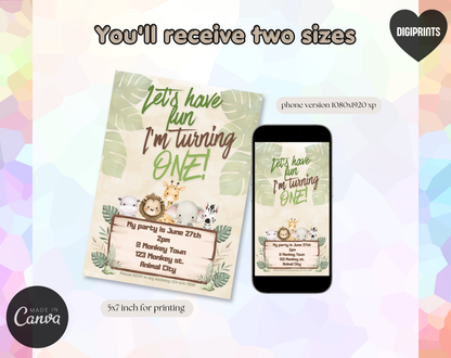 Jungle First Birthday Invitation Template | Editable Canva Template | 5x7in & WhatsApp | Digital Download