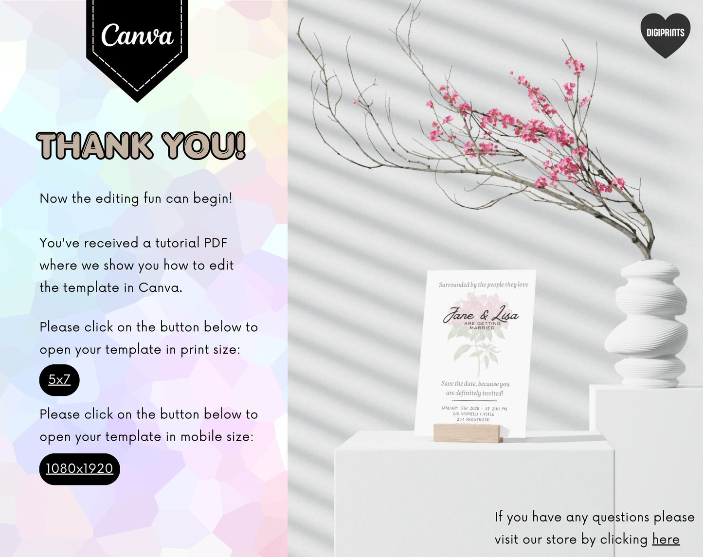 Botanical Floral Wedding Invitation Template | Editable Canva Template | 5x7in & WhatsApp | Digital Download