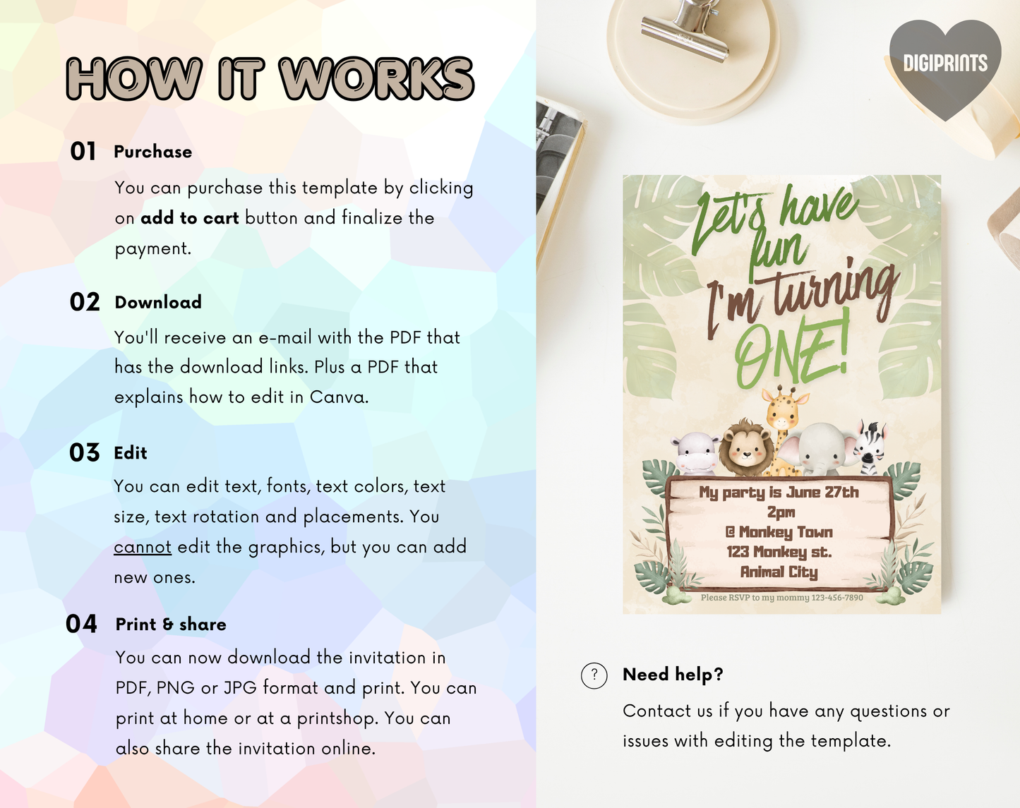 Jungle First Birthday Invitation Template | Editable Canva Template | 5x7in & WhatsApp | Digital Download