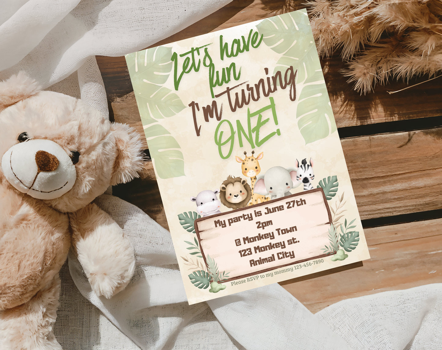 Jungle First Birthday Invitation Template | Editable Canva Template | 5x7in & WhatsApp | Digital Download