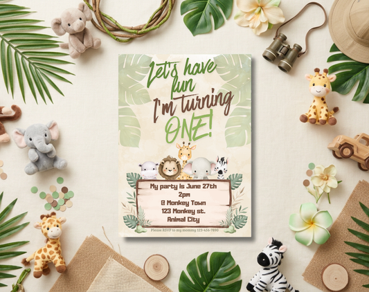 Jungle First Birthday Invitation Template | Editable Canva Template | 5x7in & WhatsApp | Digital Download